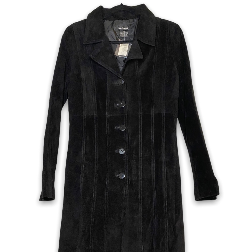 Long black suede leather jacket